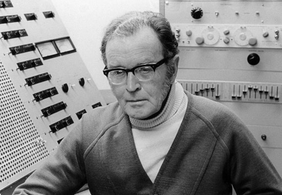 Douglas Lilburn, photographed by M.D. King in the Electronic Music Studio, Victoria University, Wellington (ca. 1975)